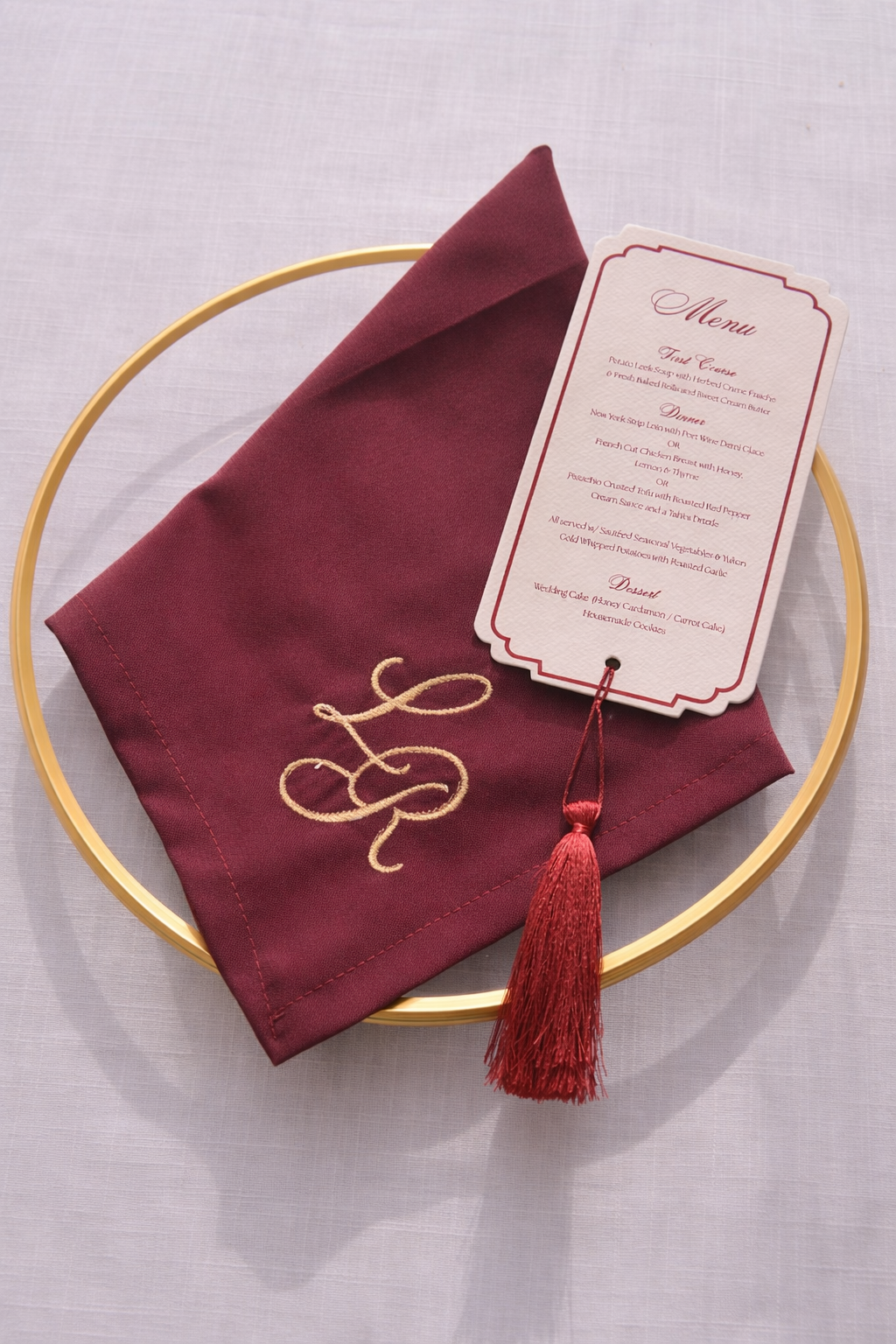 Burgundy Monogram Embroidered Linen Napkin