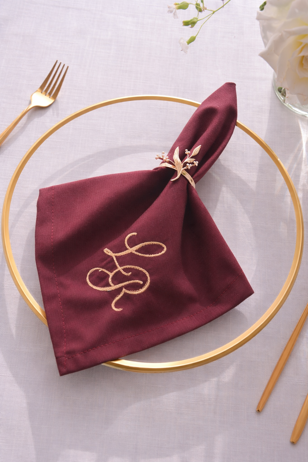 Burgundy Monogram Embroidered Linen Napkin