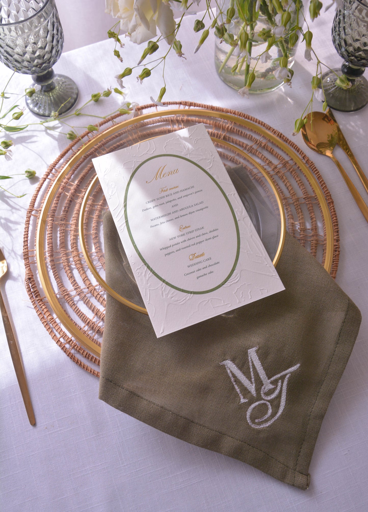 Green Monogram Embroidered Linen Napkin