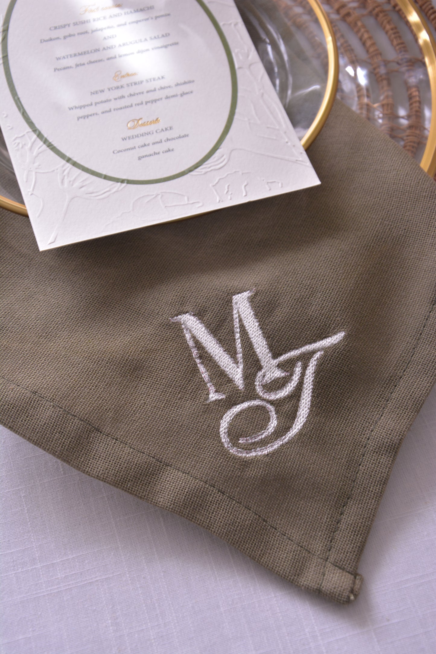 Green Monogram Embroidered Linen Napkin