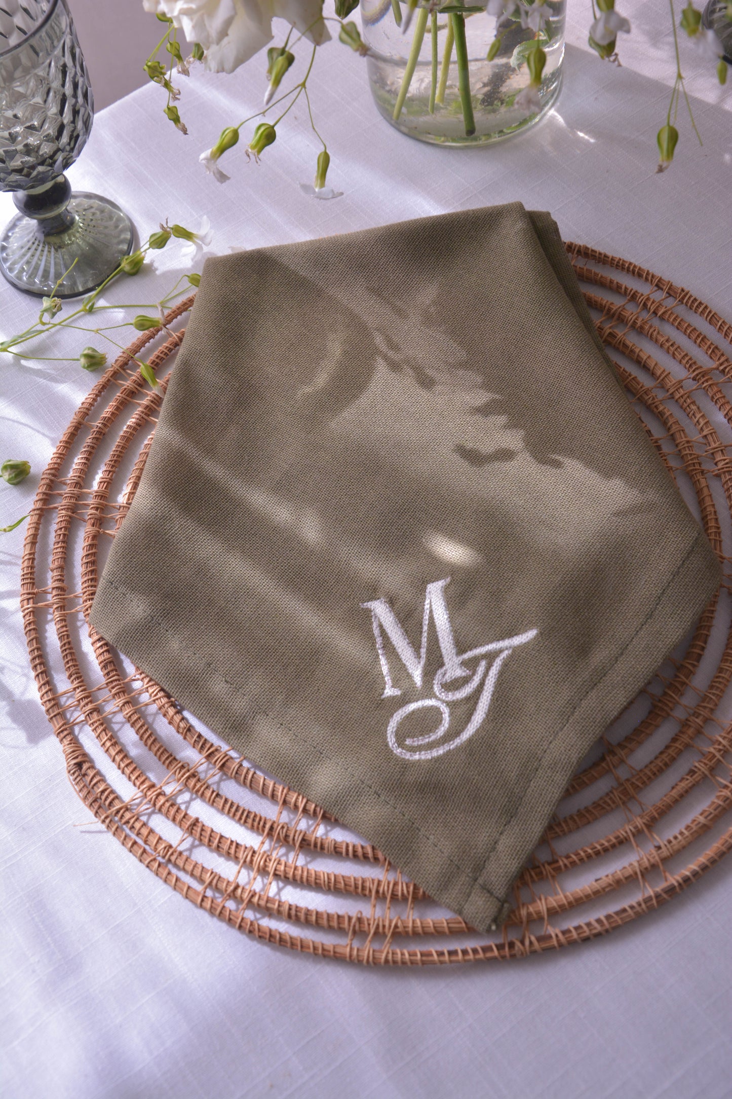 Green Monogram Embroidered Linen Napkin