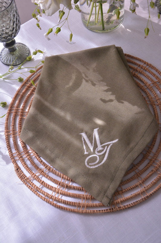 Green Monogram Embroidered Linen Napkin