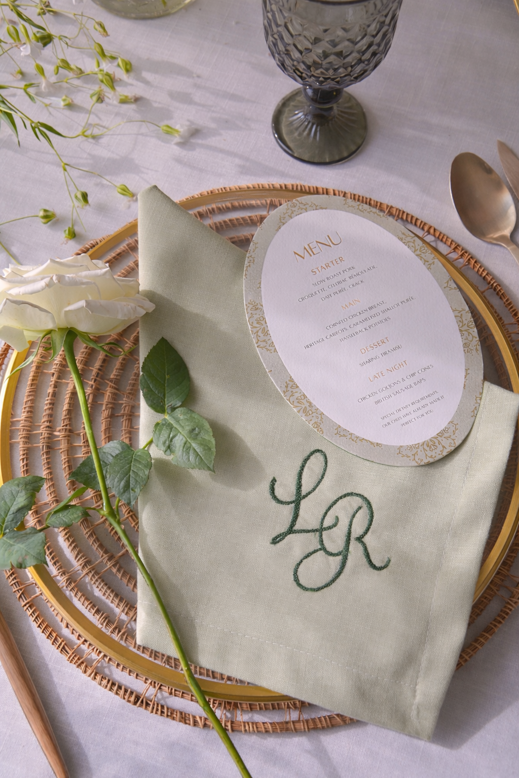 Sage Green Monogram Embroidered Linen Napkin