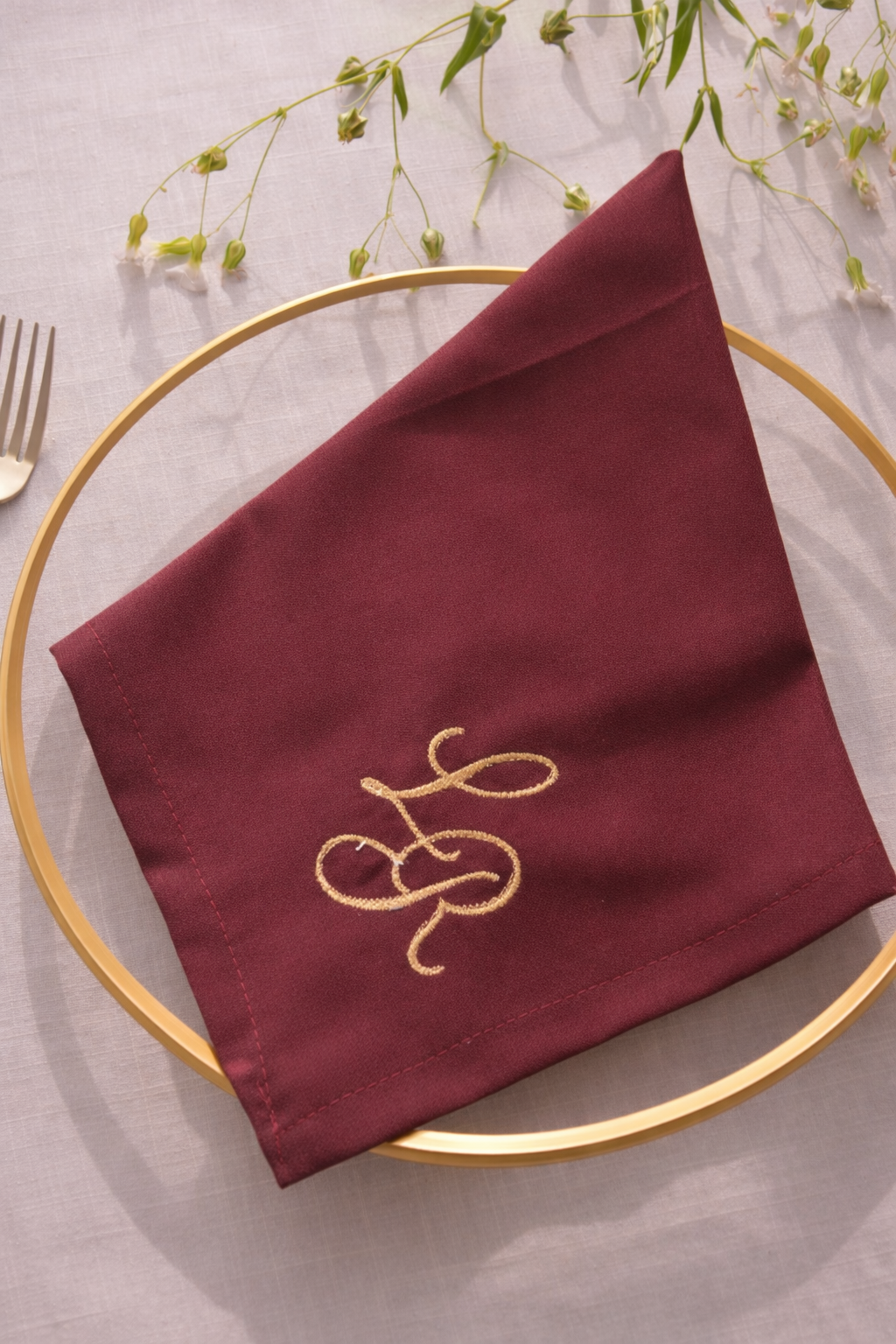 Burgundy Monogram Embroidered Linen Napkin