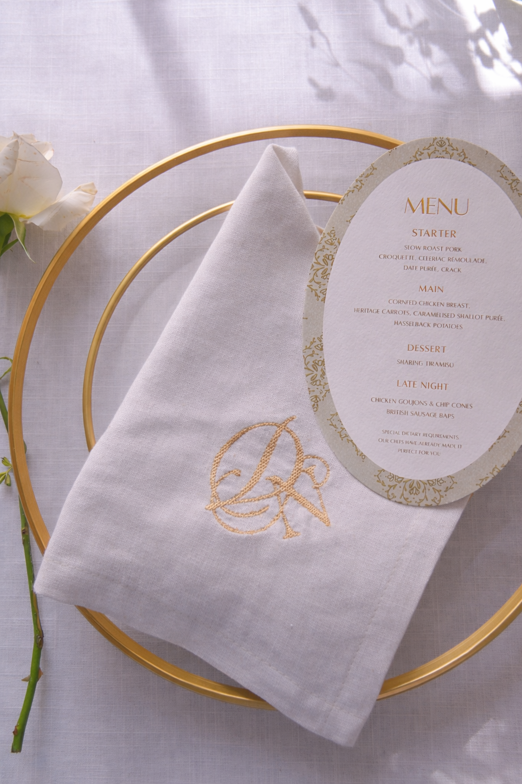 White & Gold Monogram Embroidered Linen Napkin