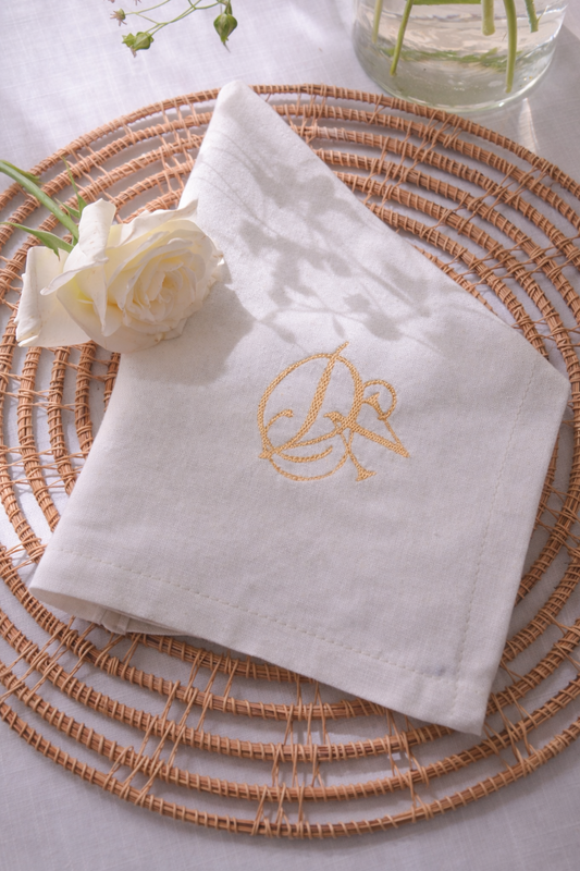 White & Gold Monogram Embroidered Linen Napkin